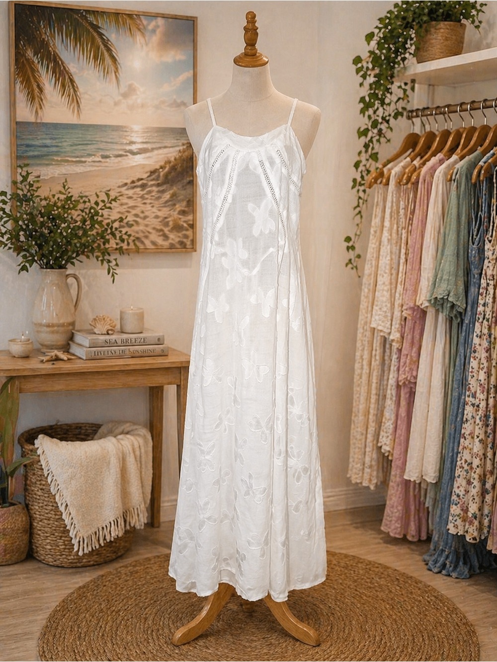 Women's Cream Sheer Floral Embroidered Slip Maxi Dress, Size Small